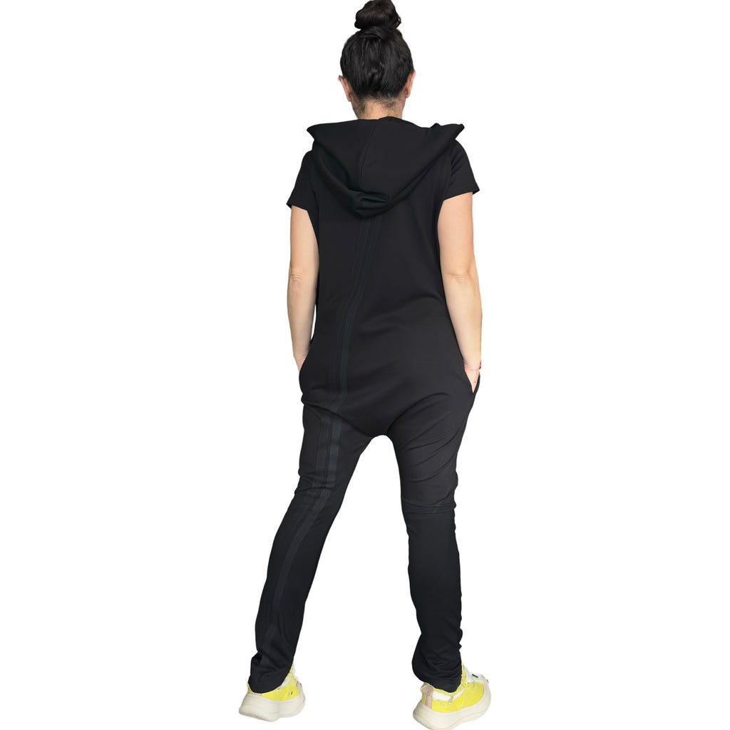 Black Hooded Harem Jumpsuit / Cotton Stretch Zip Front Romper with Pockets