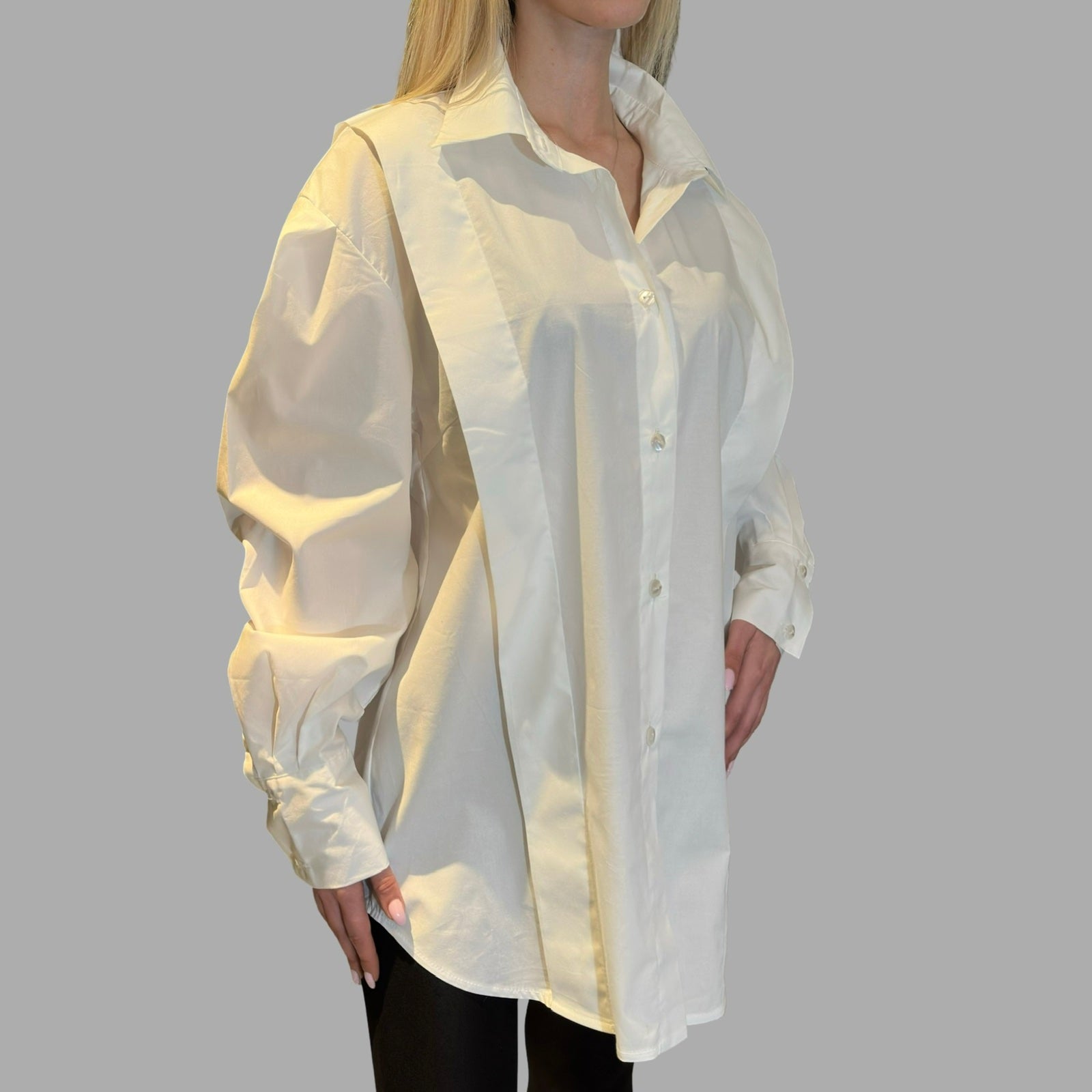White Asymmetric Button-Up Shirt with Statement Collar