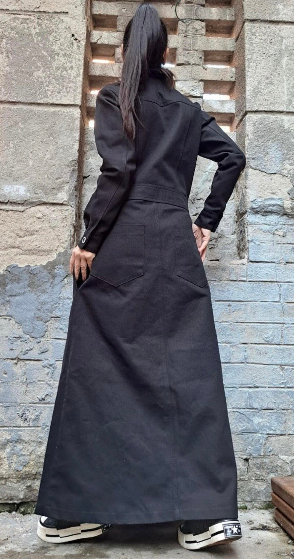 Black Denim Shirt Maxi Dress with Front Buttons and Pockets