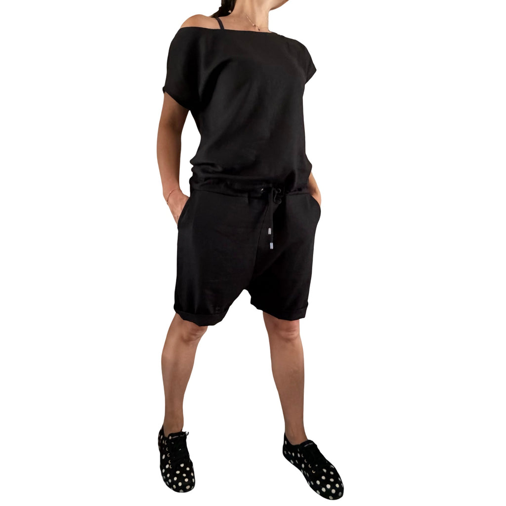Black Linen Asymmetrical Short Jumpsuit with Open Back