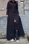 Black Denim Shirt Maxi Dress with Front Buttons and Pockets
