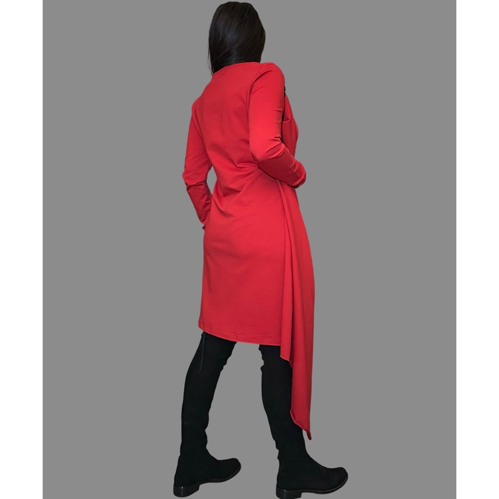 Red Asymmetrical Cotton Dress — Avant-Garde Draped Tunic