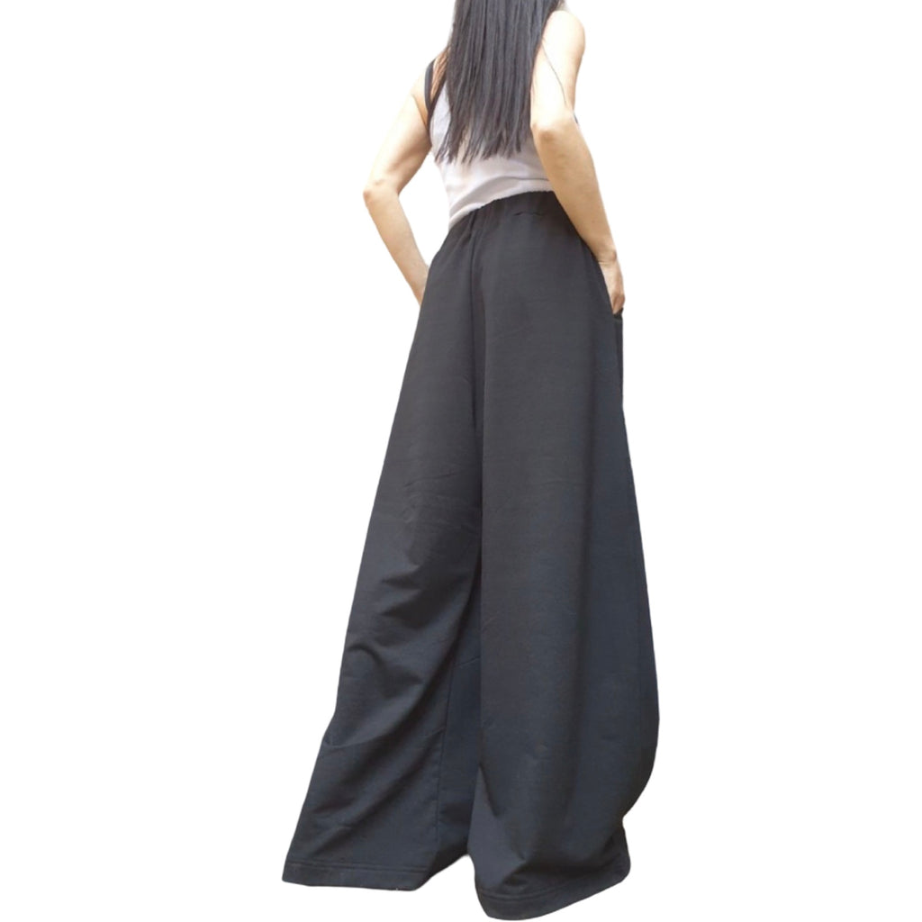 Black Wide Leg Pants / Cotton Stretch Palazzo Pants with Zipper Details