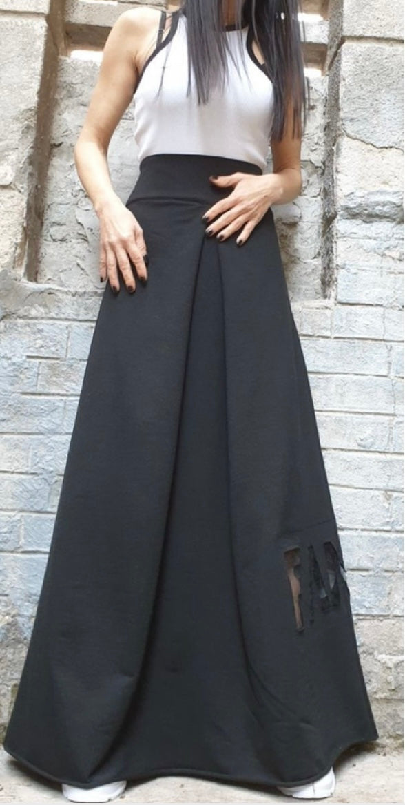 Black High Waist Maxi Skirt with Hand-Cut Fancy Detail