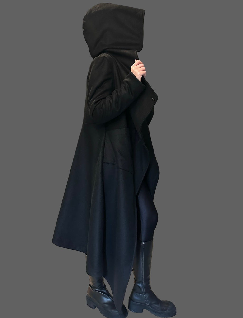 Asymmetric Black Hooded Coat – Avant-Garde Long Fleece Jacket