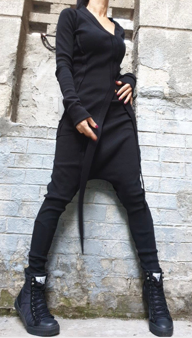 Black Asymmetric Cotton Rib Set with Harem Pants