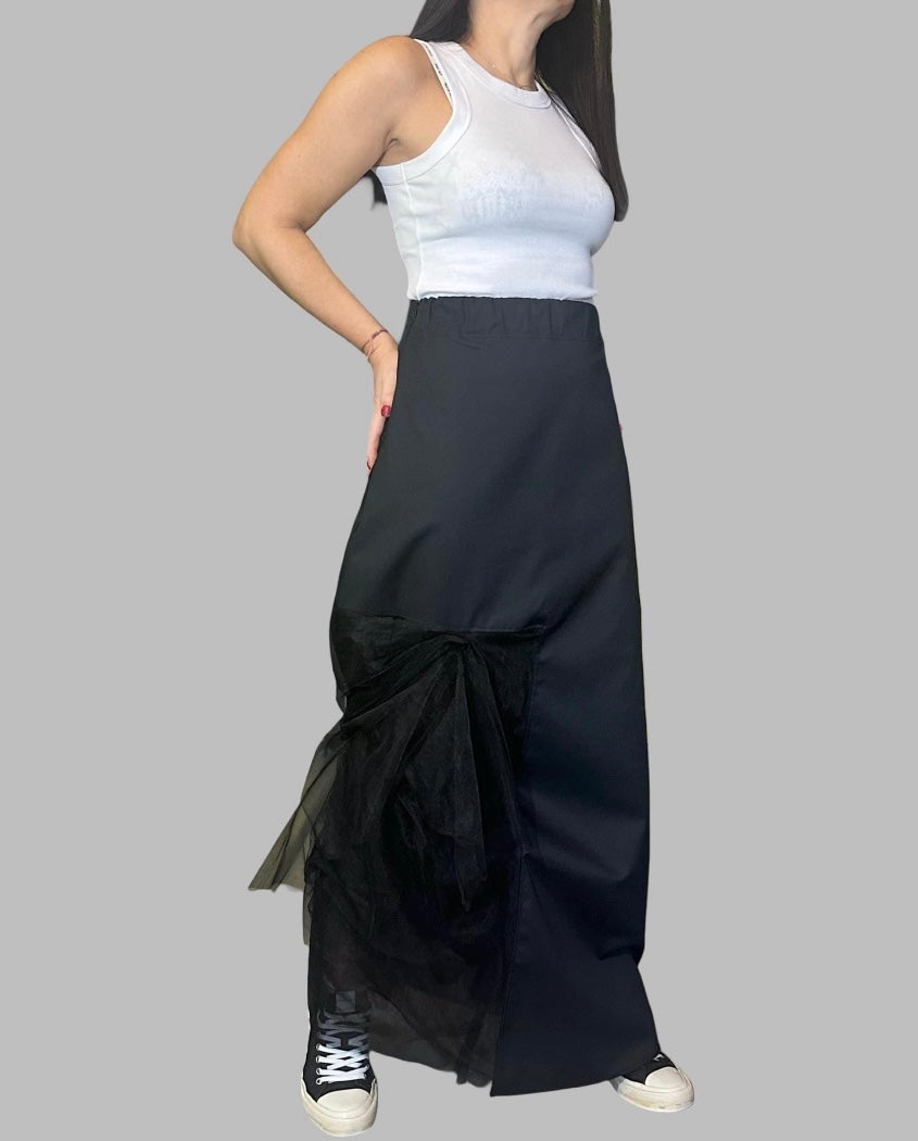 Black High Waist Asymmetric Maxi Skirt with Tulle Detail