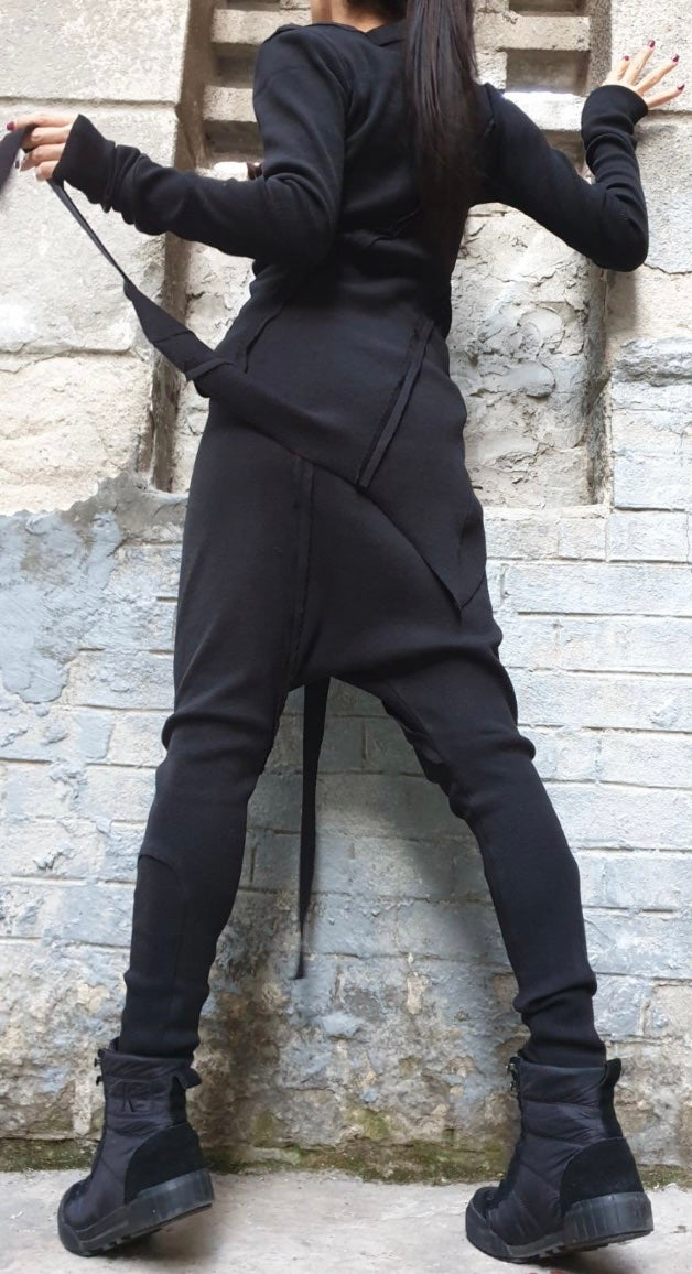 Black Asymmetric Cotton Rib Set with Harem Pants