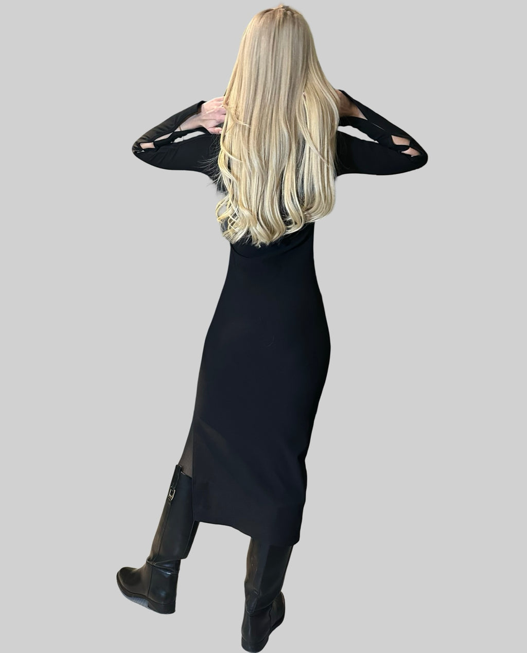 Black Ribbed Cotton Dress — Long Fitted Dress with Slit and Sleeve Details