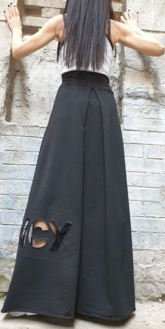 Black High Waist Maxi Skirt with Hand-Cut Fancy Detail