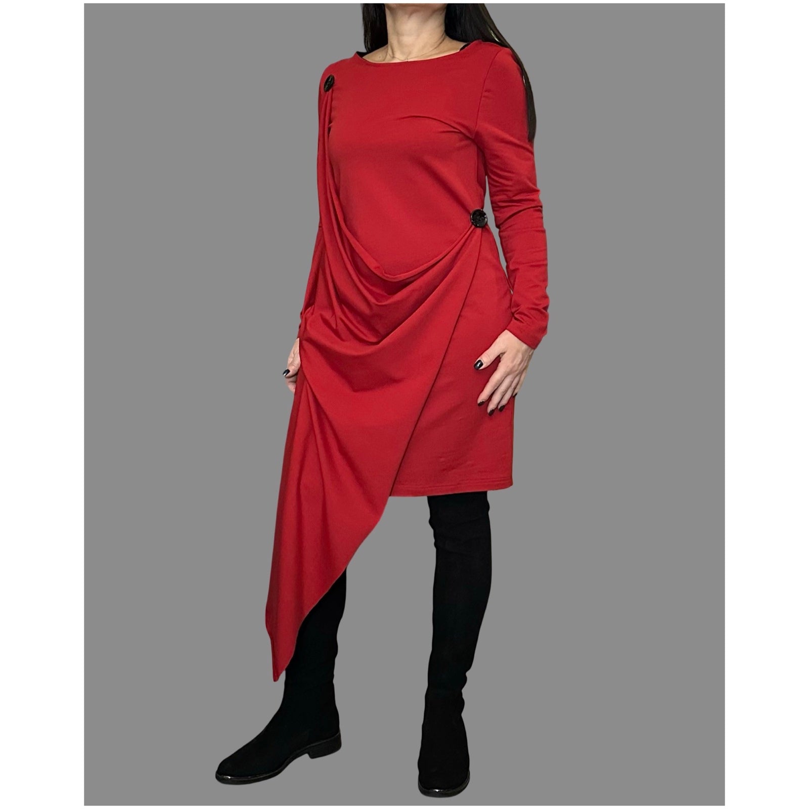 Red Asymmetrical Cotton Dress — Avant-Garde Draped Tunic