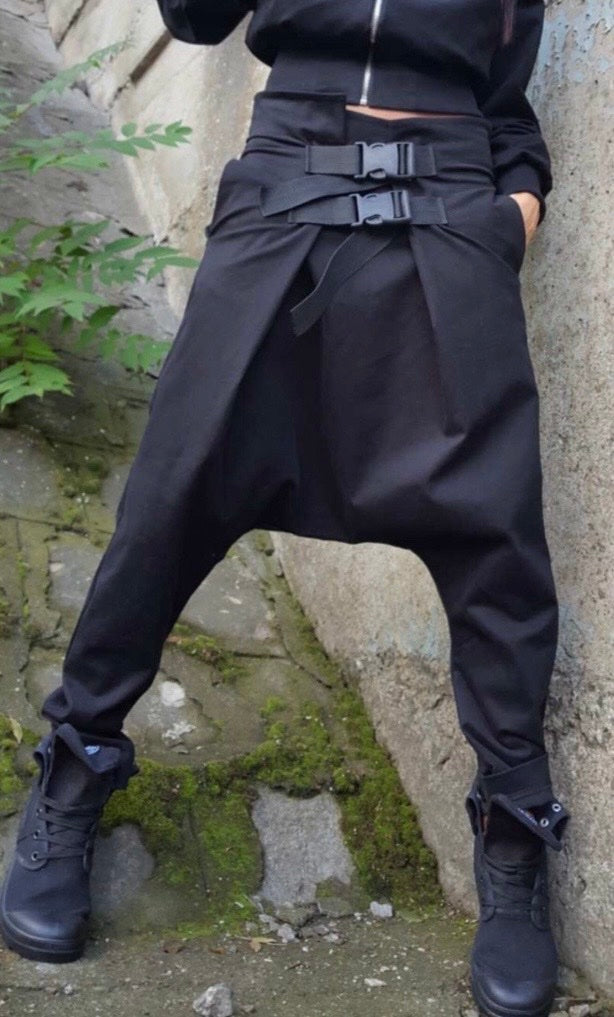 Black Low Waist Harem Pants with Asymmetric Front and Buckle Detail