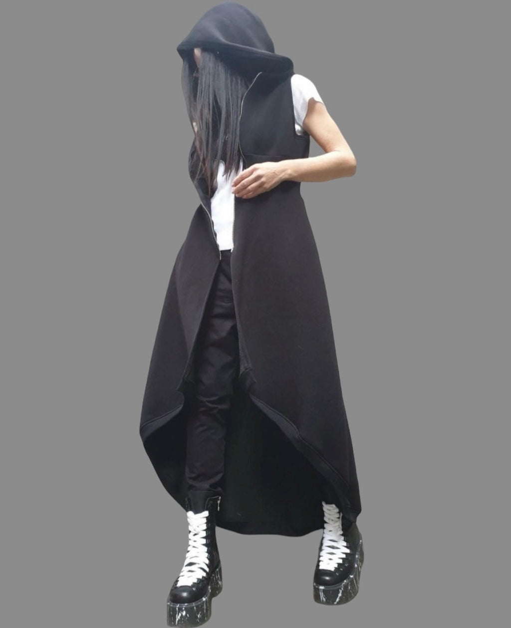 Black Asymmetric Hooded Sleeveless Vest with Zipper Closure