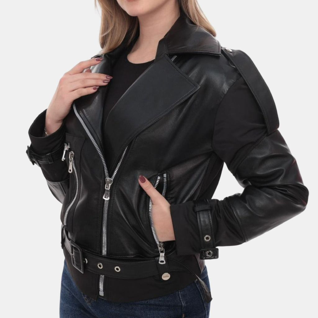 Black Asymmetric Lambskin Jacket with Waterproof Panels