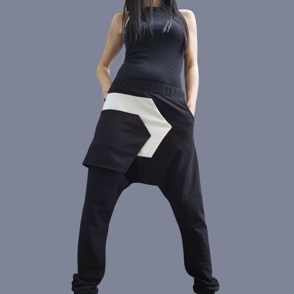 Black Cotton Harem Pants with White Asymmetrical Detail / Drop Crotch Pants