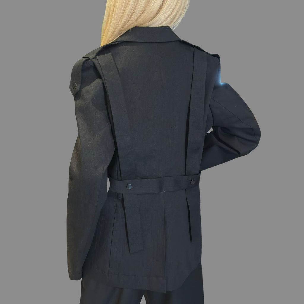 Black Denim Blazer with Front Pockets and Asymmetric Straps