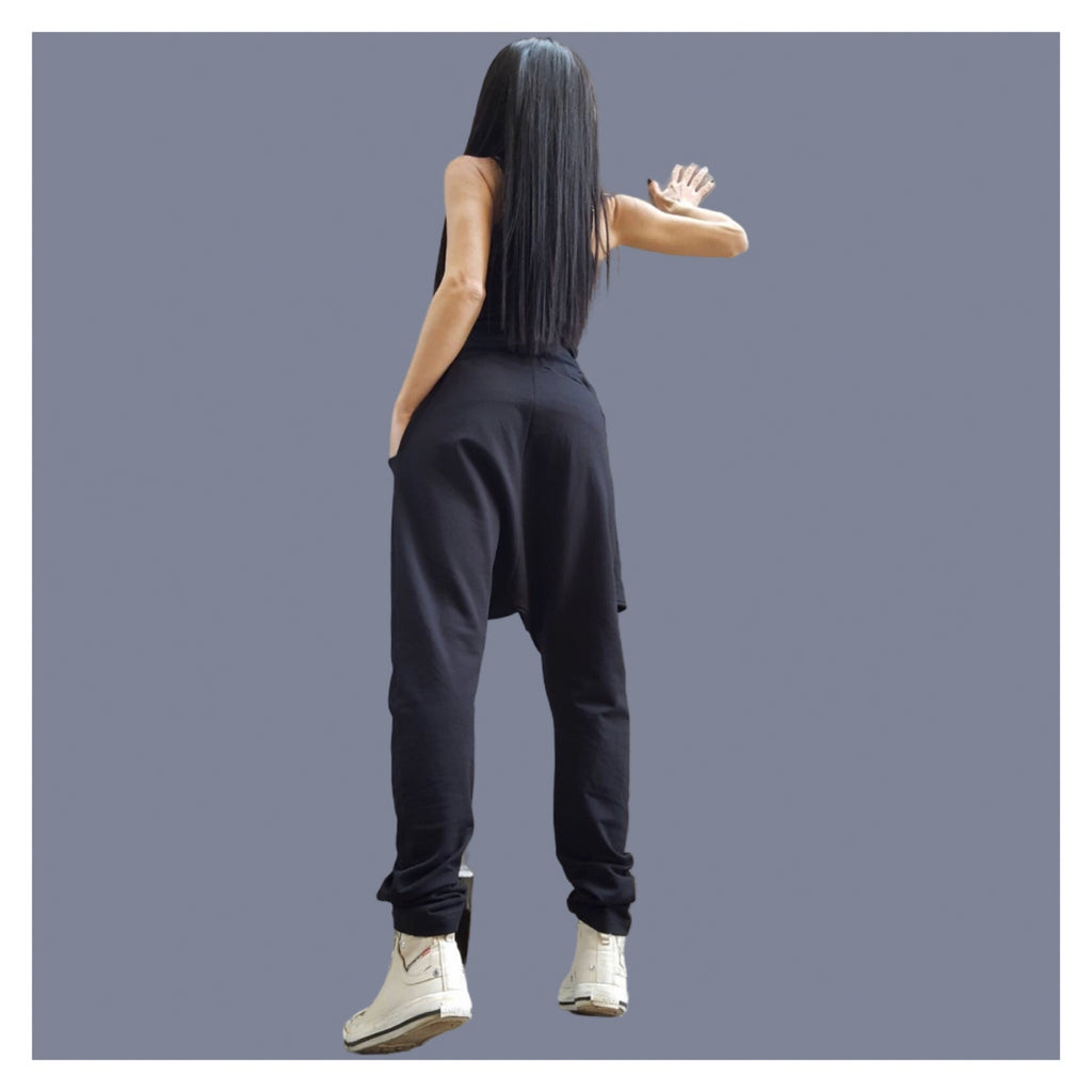 Black Cotton Harem Pants with White Asymmetrical Detail / Drop Crotch Pants