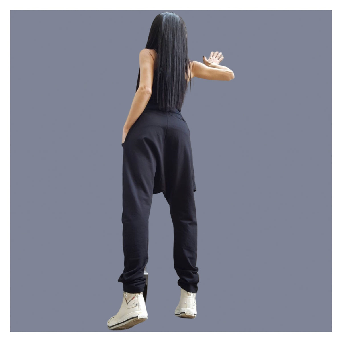 Black Cotton Harem Pants with White Asymmetrical Detail / Drop Crotch Pants