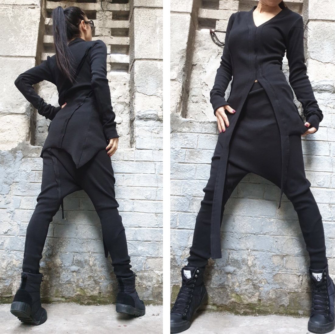 Black Asymmetric Cotton Rib Set with Harem Pants