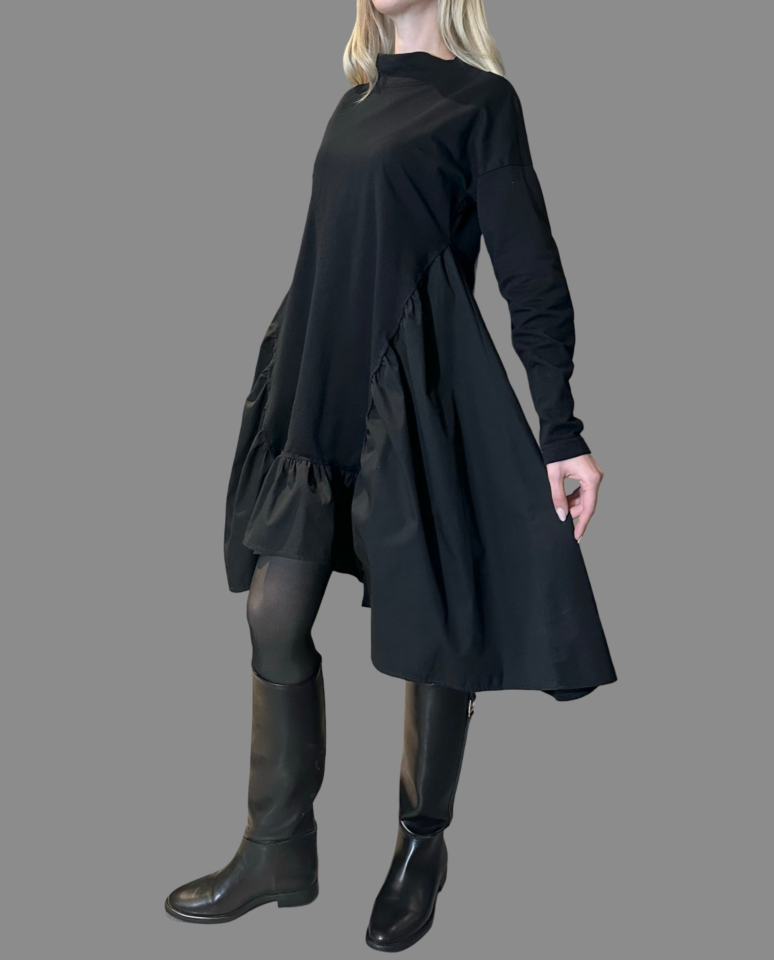 Black Oversized Asymmetric Dress – Avant-Garde Cotton Tunic with Dramatic Volume
