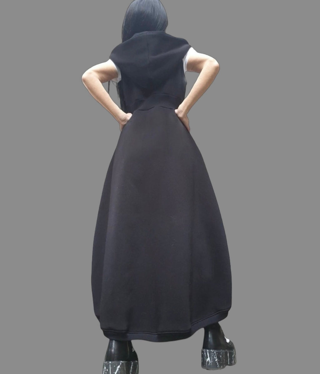 Black Asymmetric Hooded Sleeveless Vest with Zipper Closure