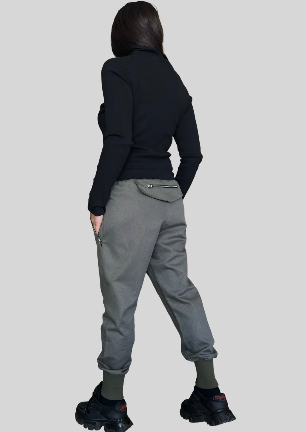 Military Green Jogger Pants with Front Zip Pockets and Back Zipper Detail