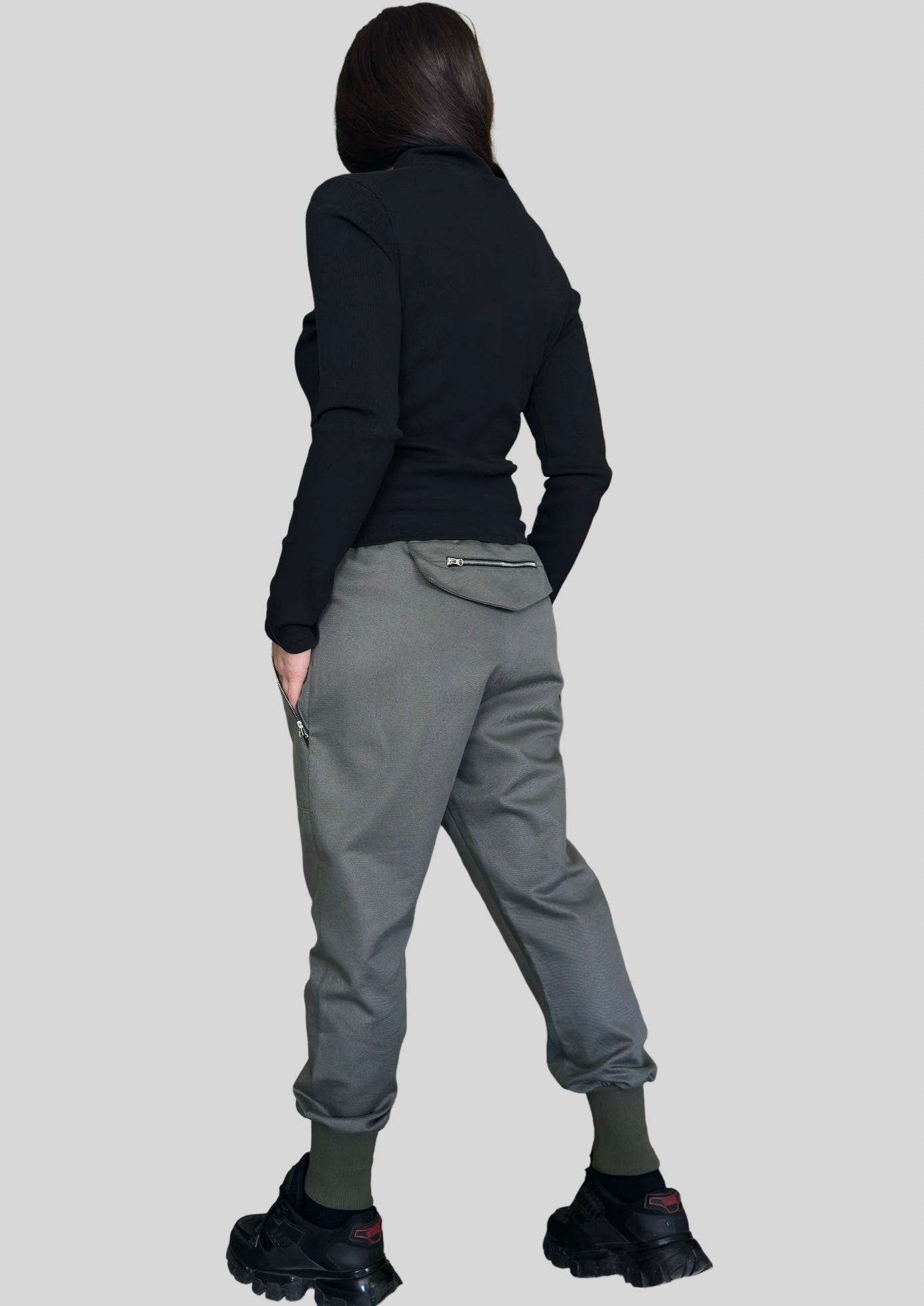 Military Green Jogger Pants with Front Zip Pockets and Back Zipper Detail