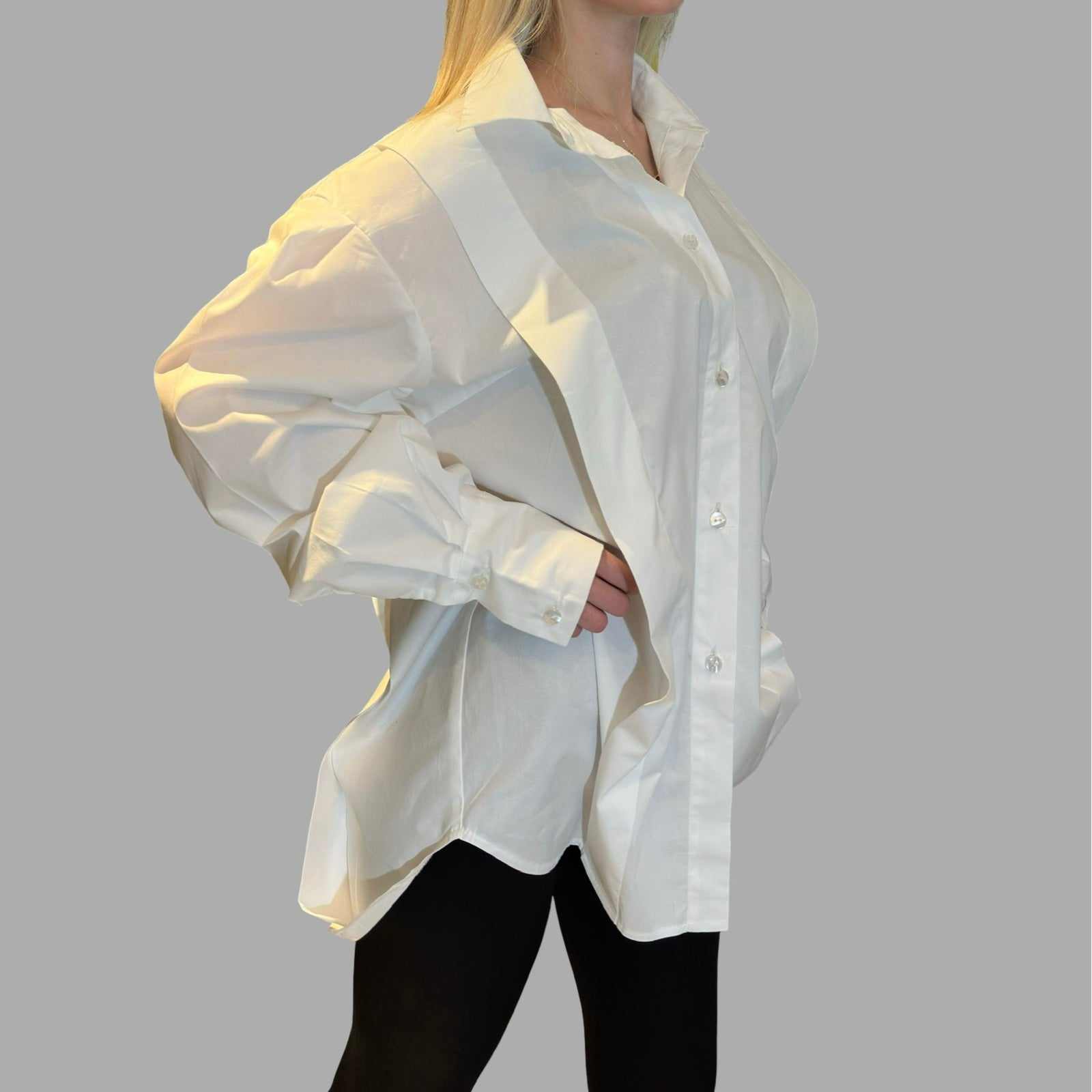 White Asymmetric Button-Up Shirt with Statement Collar