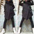Black Asymmetric Hooded Coat with Front Pockets and Tie Closure