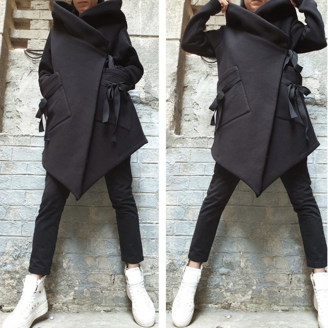 Black Asymmetric Hooded Coat with Front Pockets and Tie Closure