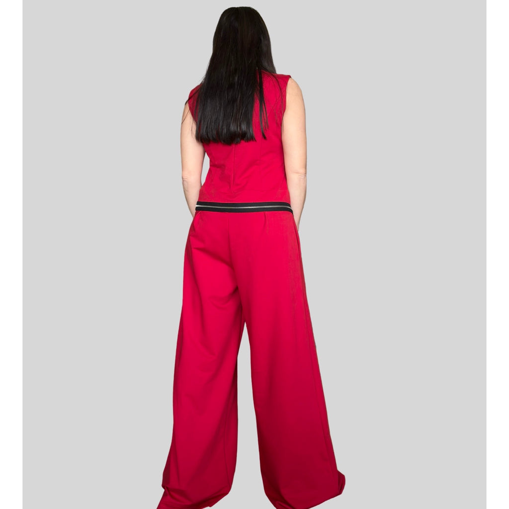 Red Sleeveless Cotton Jumpsuit with Decorative Zippers / Avant-Garde Wide Leg One Piece