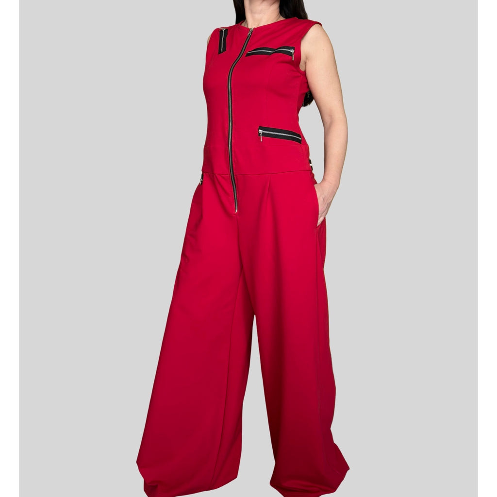 Red Sleeveless Cotton Jumpsuit with Decorative Zippers / Avant-Garde Wide Leg One Piece