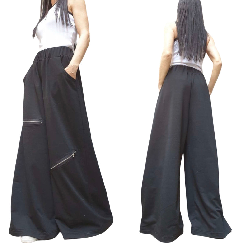 Black Wide Leg Pants / Cotton Stretch Palazzo Pants with Zipper Details