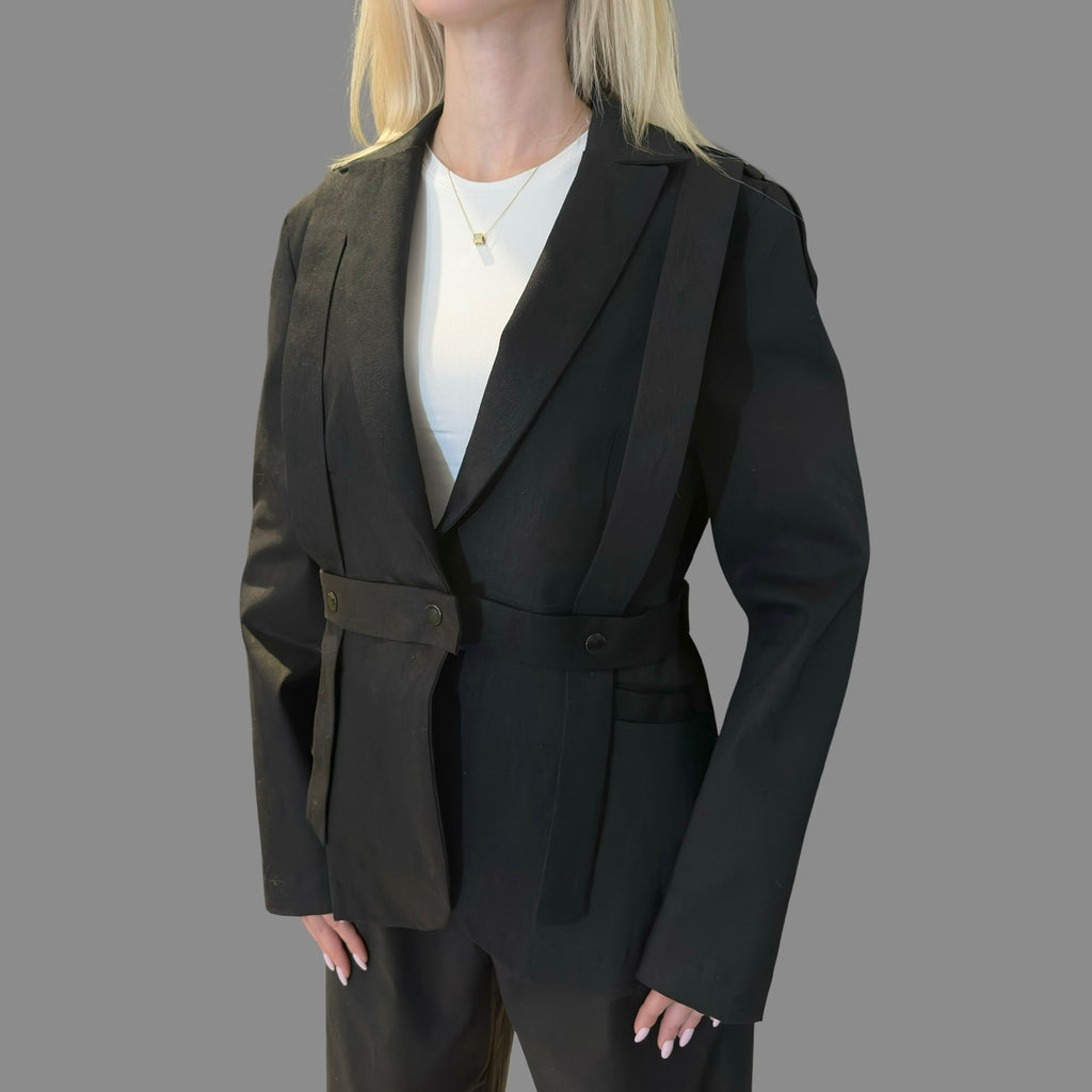 Black Denim Blazer with Front Pockets and Asymmetric Straps