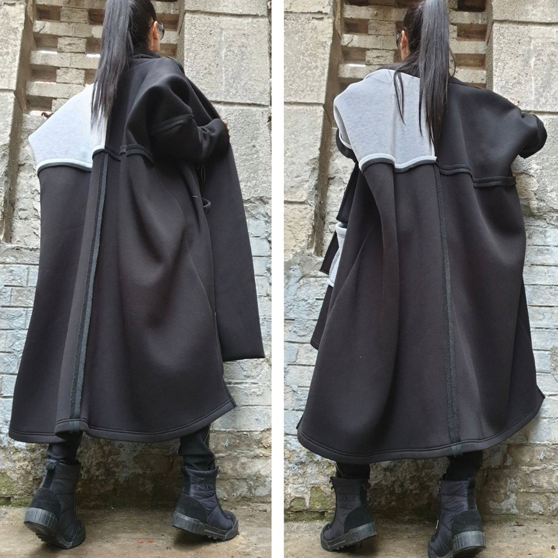 Black and Gray Asymmetric Coat with Oversized Pockets