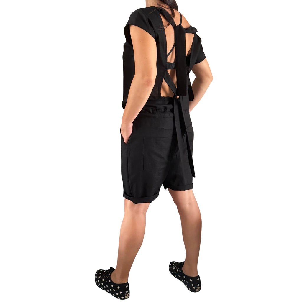 Black Linen Asymmetrical Short Jumpsuit with Open Back
