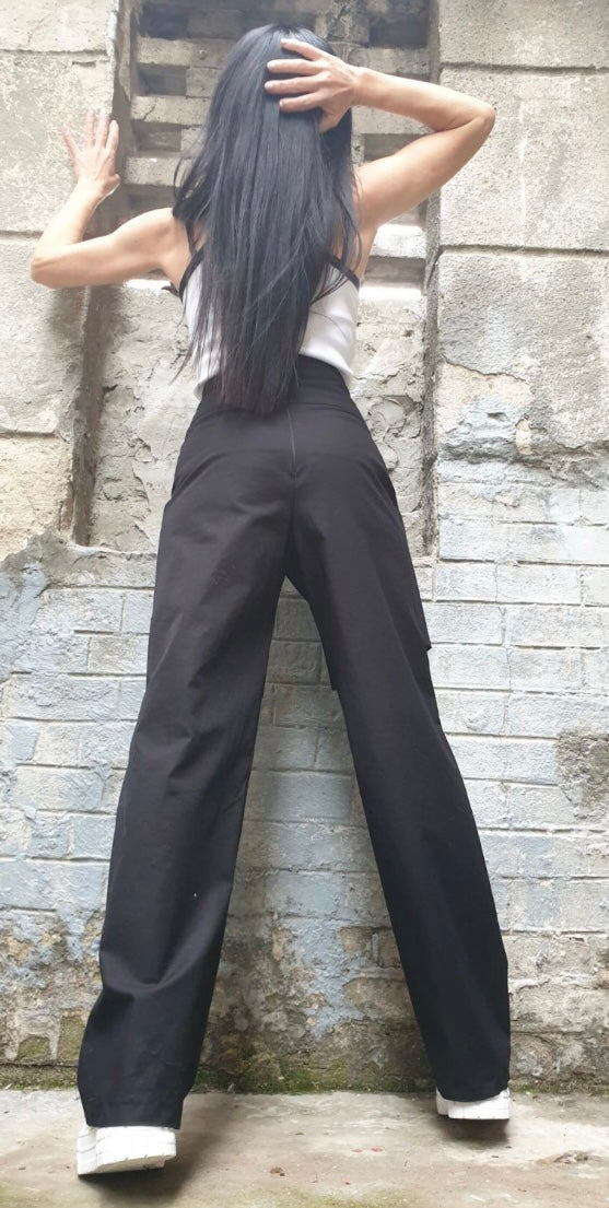 Black High Waist Asymmetric Pants with Tulle Cut-Out Detail