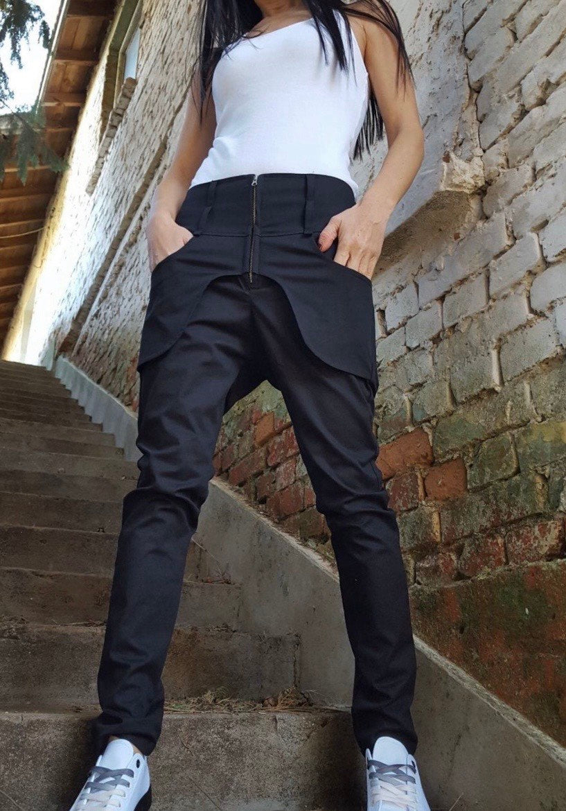 Black Asymmetric Cotton Pants with Front Zipper , Designer Urban Trousers
