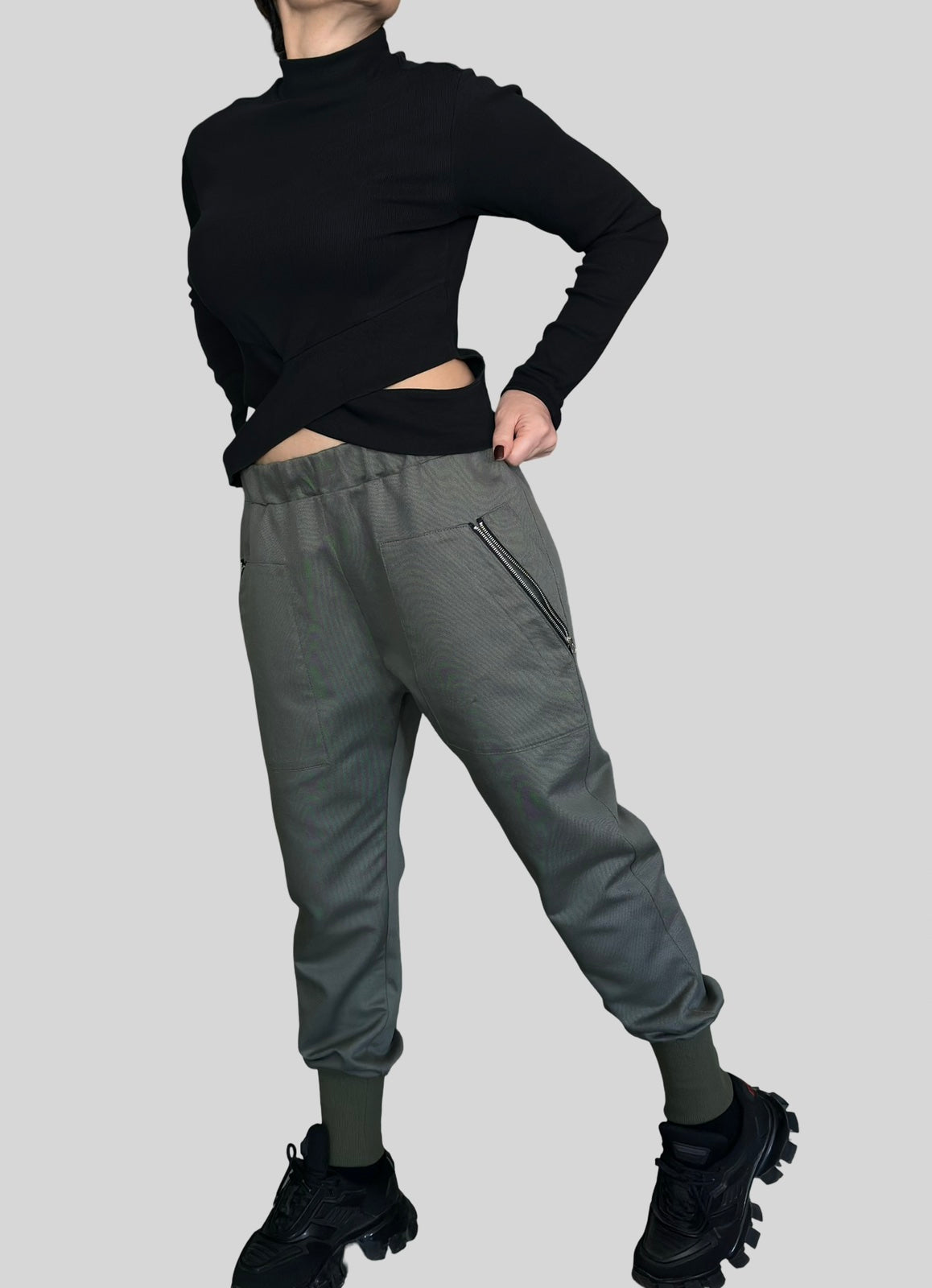Military Green Jogger Pants with Front Zip Pockets and Back Zipper Detail