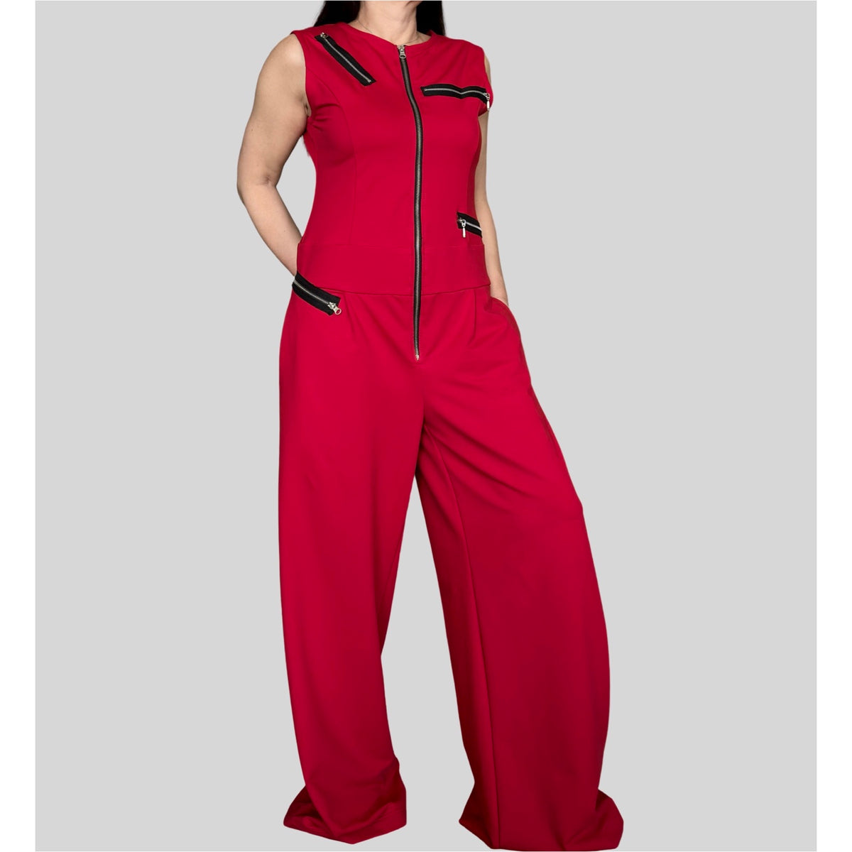 Red Sleeveless Cotton Jumpsuit with Decorative Zippers / Avant-Garde Wide Leg One Piece