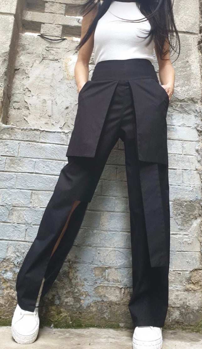 Black High Waist Asymmetric Pants with Tulle Cut-Out Detail