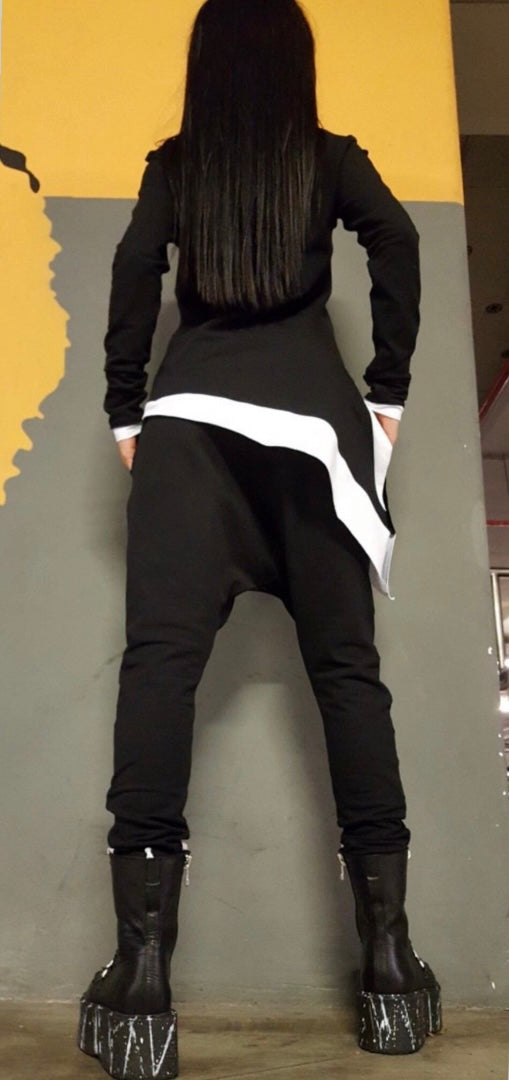 Black Asymmetric Two-Piece Set with White Detail and Harem Pants