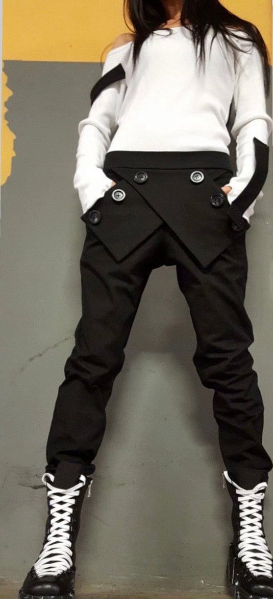 Black Asymmetric Pants with Buttons , Designer Avant-Garde Trousers