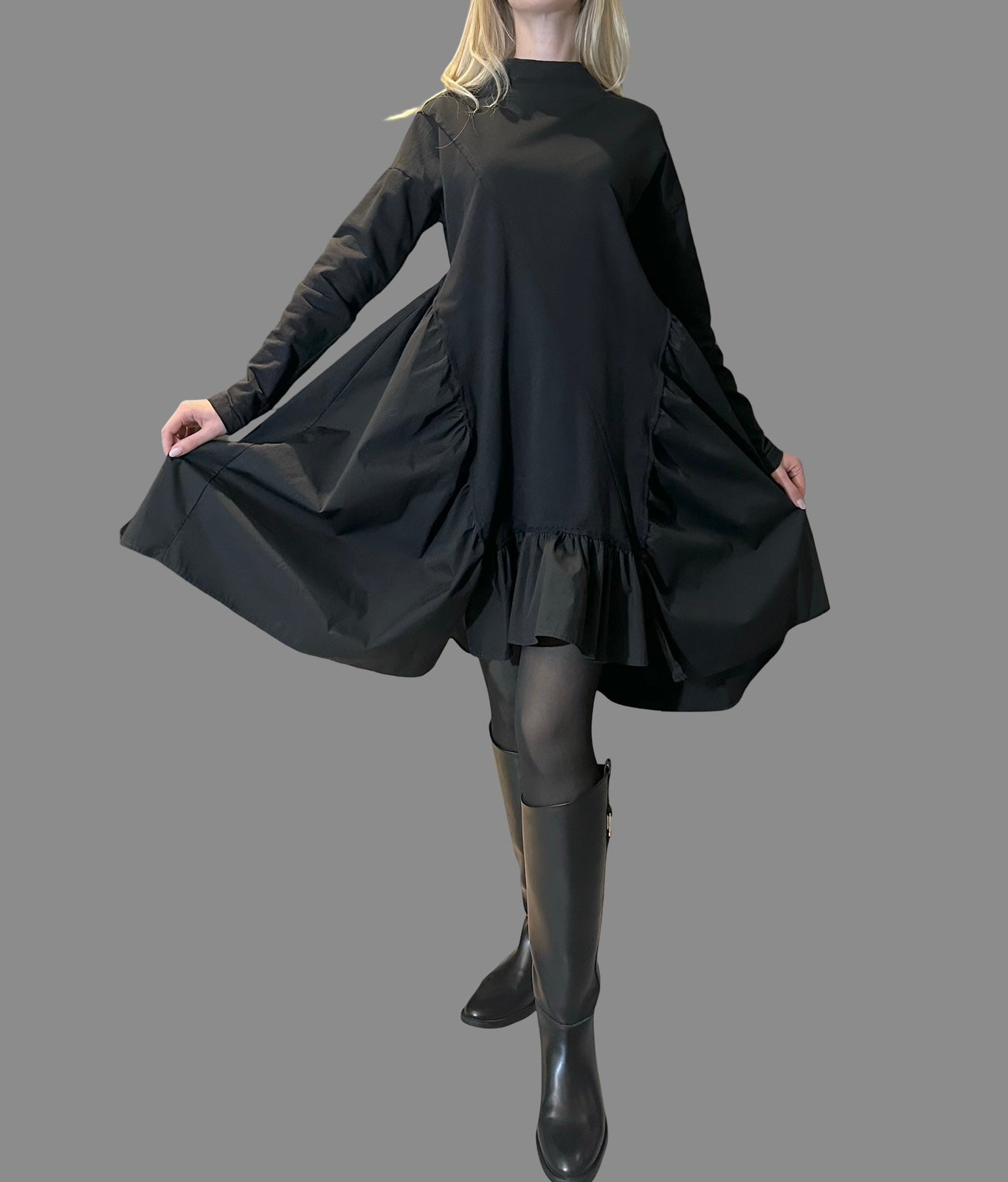 Black Oversized Asymmetric Dress – Avant-Garde Cotton Tunic with Dramatic Volume