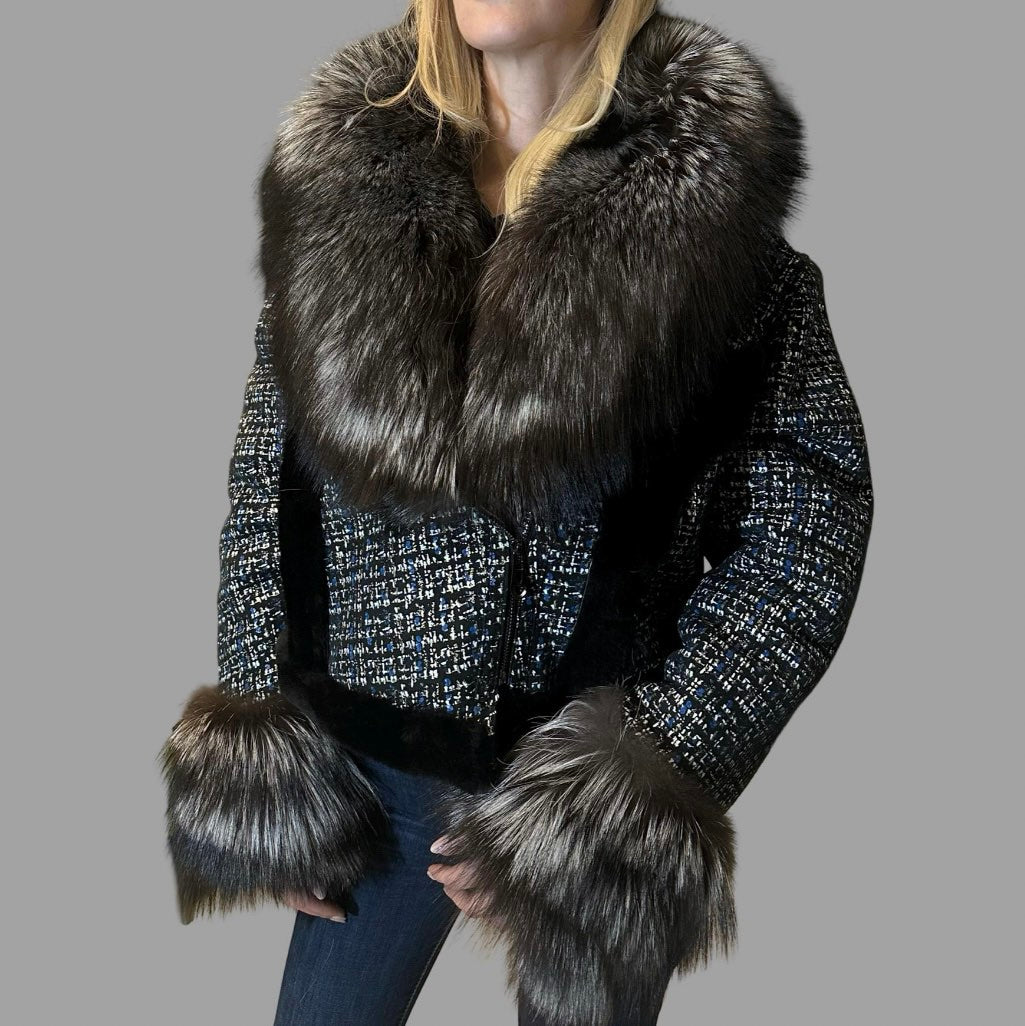 Short Lambskin Coat with Fox Fur Collar and Cuffs