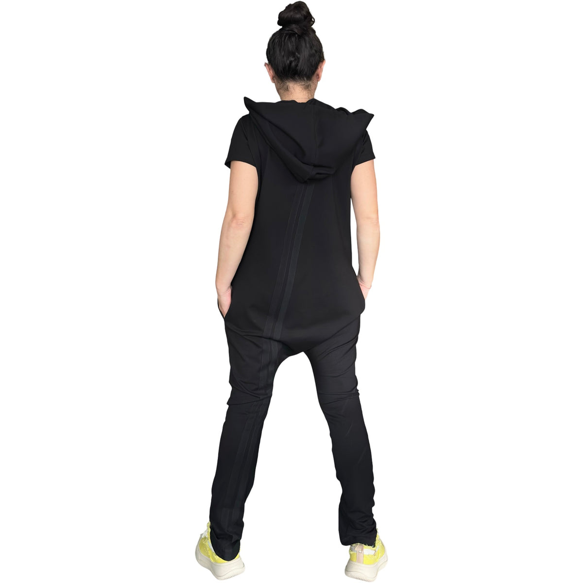Black Hooded Harem Jumpsuit / Cotton Stretch Zip Front Romper with Pockets