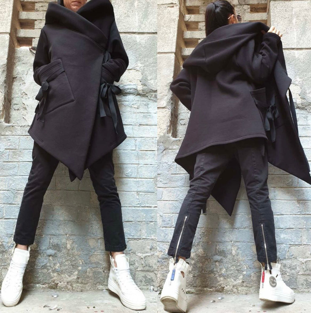 Black Asymmetric Hooded Coat with Front Pockets and Tie Closure