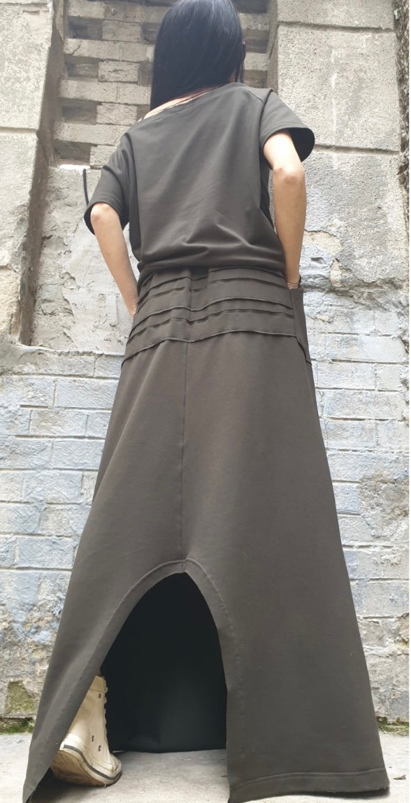 Military Green Asymmetric Two-Piece Set with Short Sleeve Top and High Waist Skirt