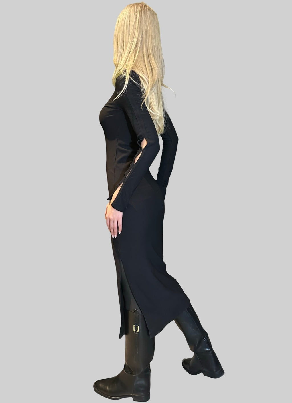 Black Ribbed Cotton Dress — Long Fitted Dress with Slit and Sleeve Details