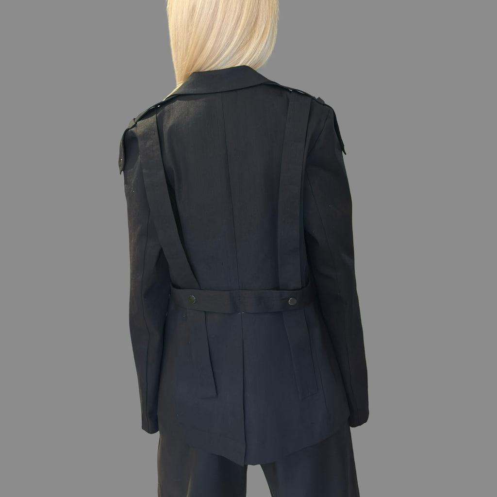 Black Denim Blazer with Front Pockets and Asymmetric Straps